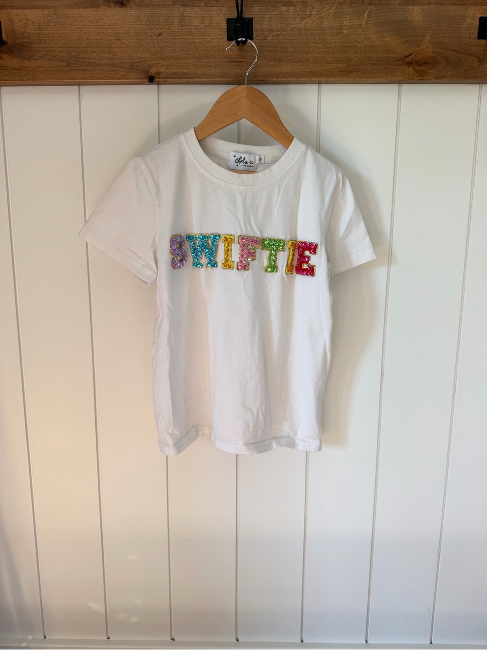 Lola + The Boys White Tee with Multicolor Sequin 'SWIFTIE'